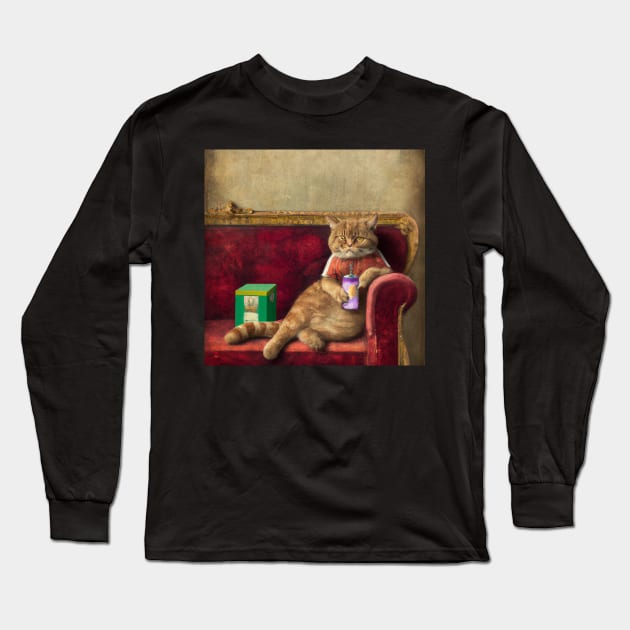 Ginger cat on a couch Long Sleeve T-Shirt by Jellyworld